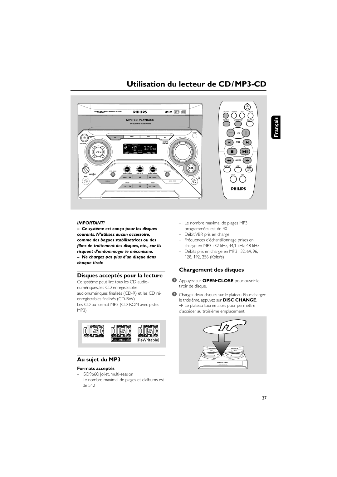 Philips FWM352 Utilisation du lecteur de CD/MP3-CD, Disques acceptés pour la lecture, Chargement des disques, Français 
