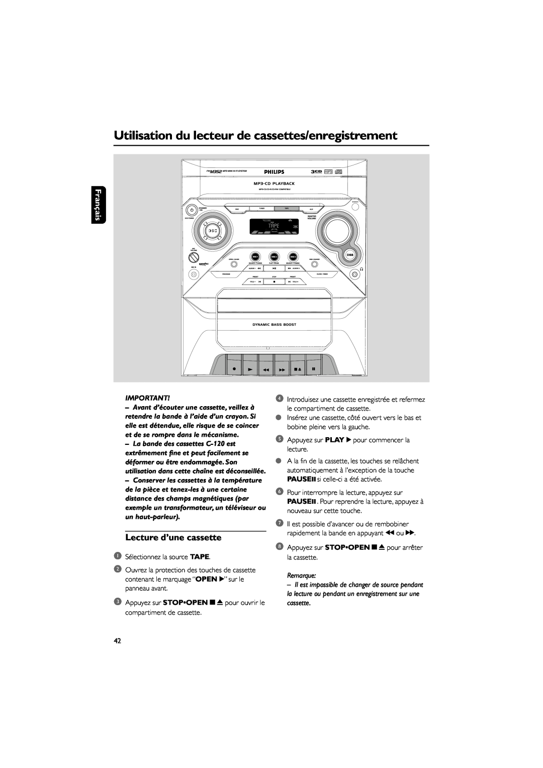 Philips FWM352 user manual Lecture d’une cassette, Français, Remarque 