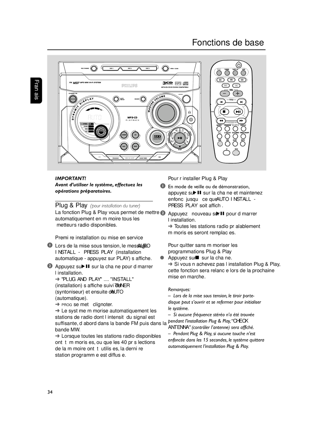 Philips FWM37 Fonctions de base, Appuyez surÉÅsur la chane pour dŽmarrer lÕinstallation, Pour réinstaller Plug & Play 