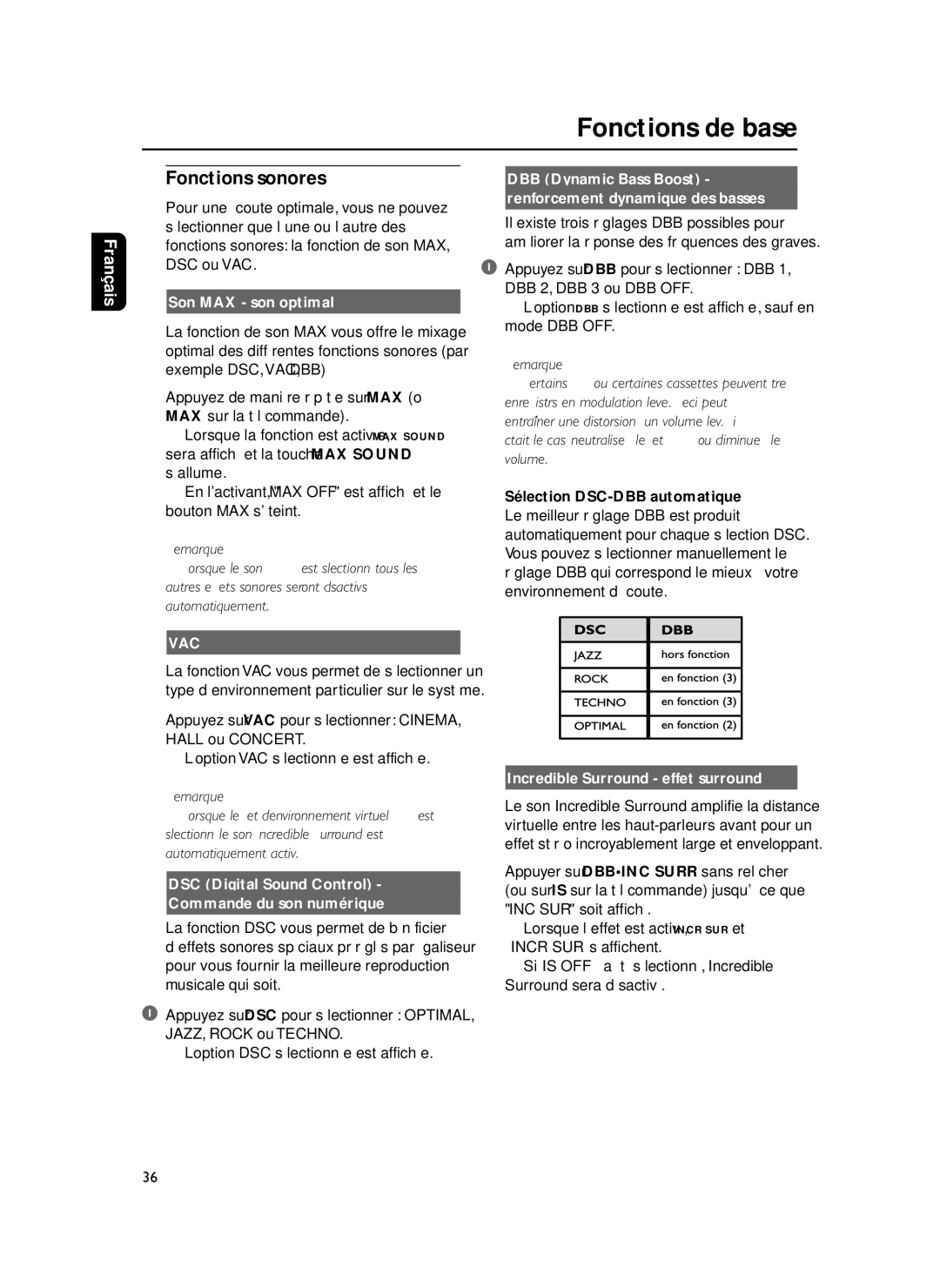 Philips FWM37 manual Fonctions sonores 