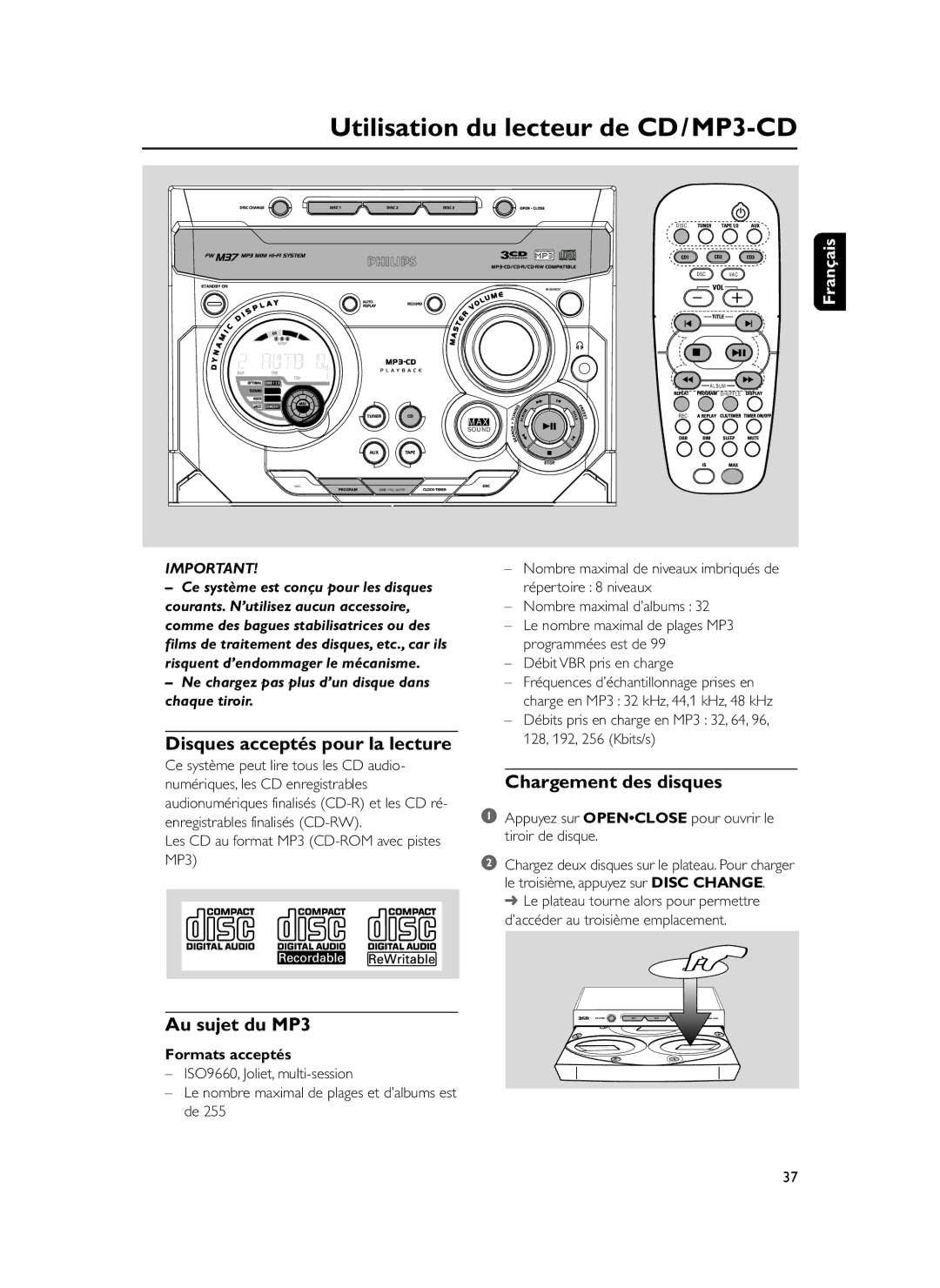 Philips FWM37 manual Utilisation du lecteur de CD/MP3-CD, Disques acceptés pour la lecture, Chargement des disques 