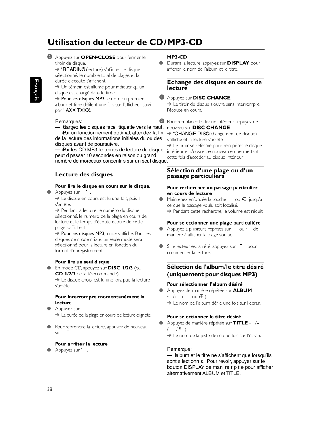 Philips FWM37 manual Echange des disques en cours de lecture, Lecture des disques 