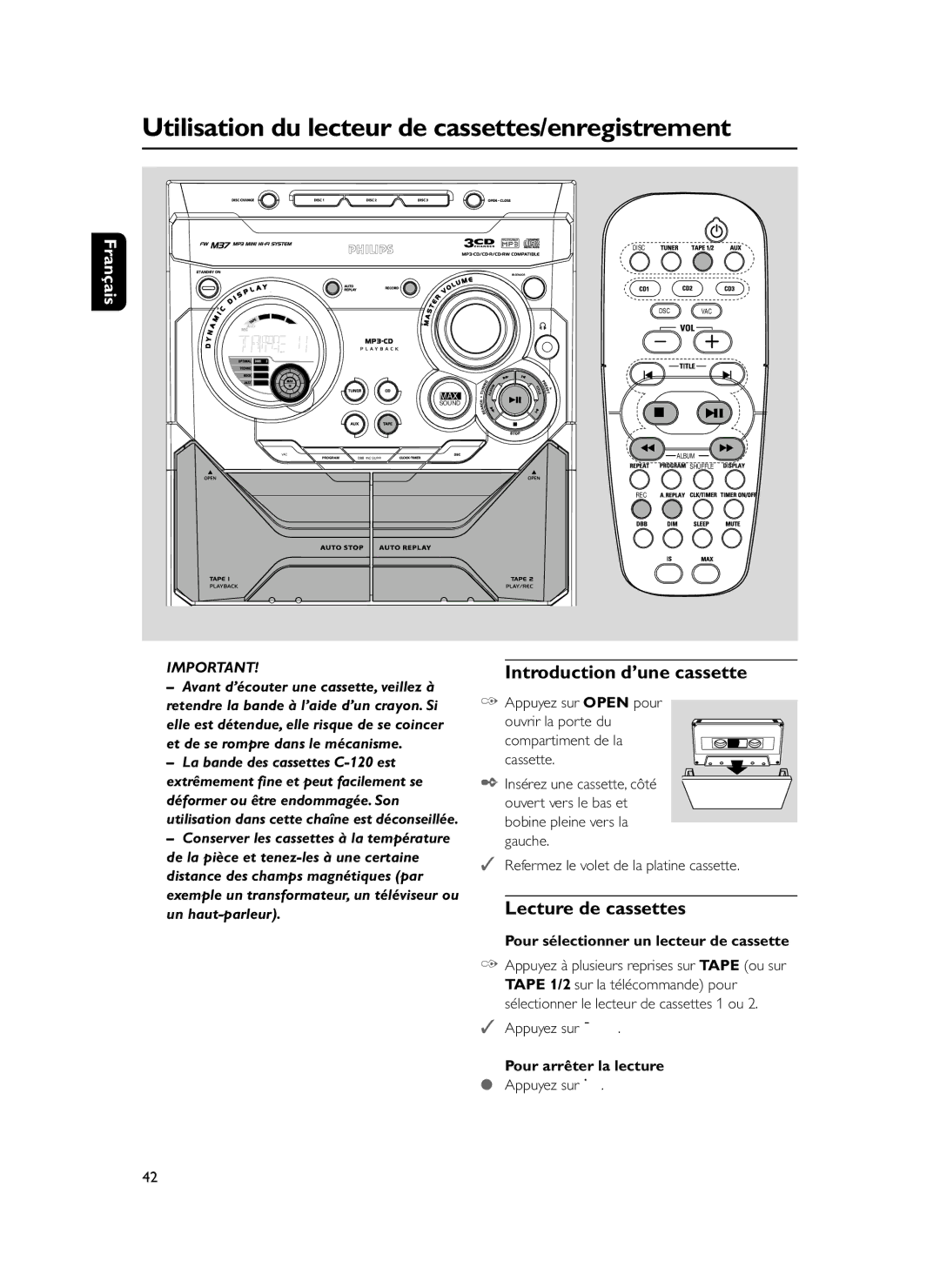 Philips FWM37 manual Utilisation du lecteur de cassettes/enregistrement, Introduction d’une cassette, Lecture de cassettes 