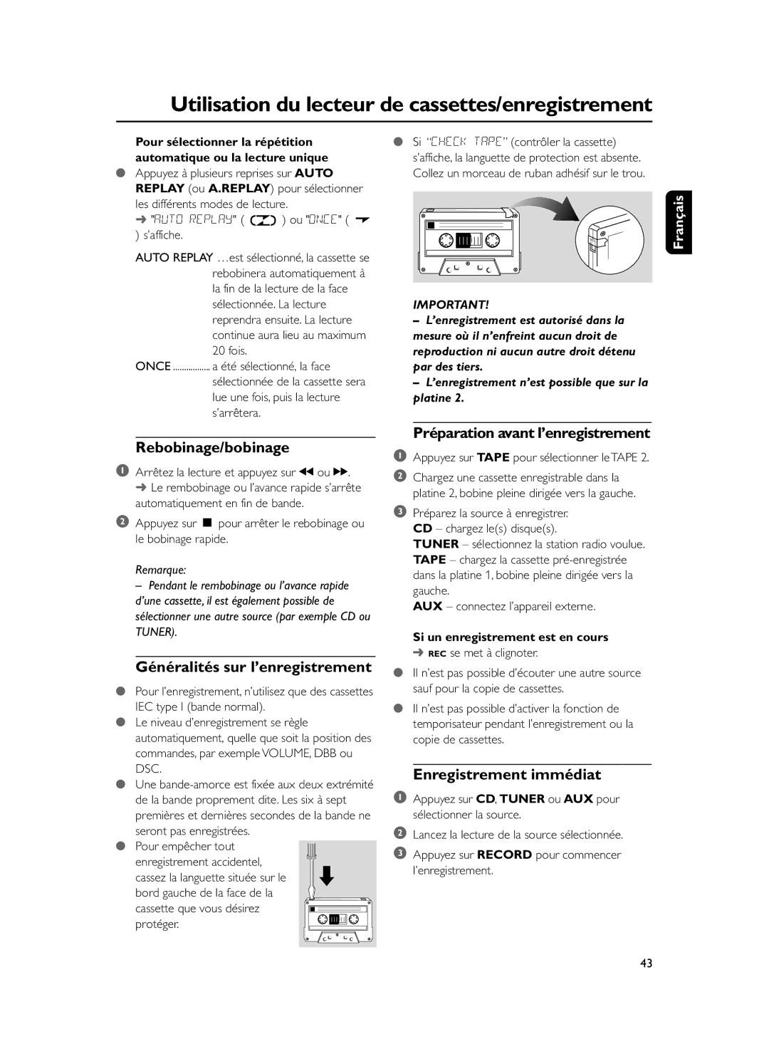 Philips FWM37 manual Rebobinage/bobinage, Généralités sur l’enregistrement, Préparation avant l’enregistrement 