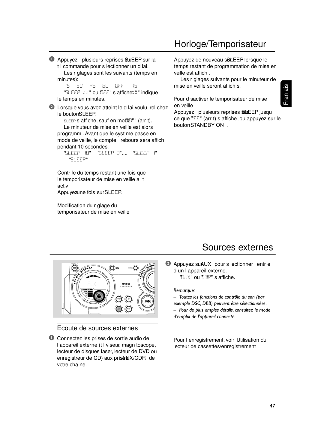 Philips FWM37 manual Sources externes, Ecoute de sources externes, Pour désactiver le temporisateur de mise en veille 