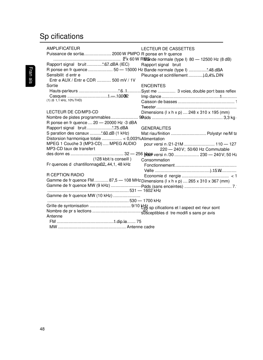 Philips FWM37 manual Spécifications 