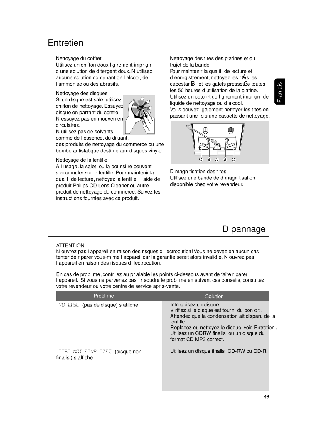 Philips FWM37 manual Entretien, Dépannage, Problème, Solution 