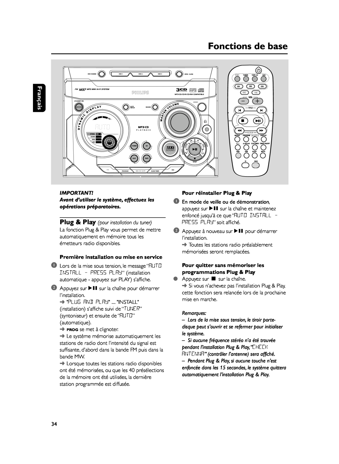 Philips FWM37 manual Fonctions de base, pour installation du tuner, Pour réinstaller Plug & Play, Français, Remarques 
