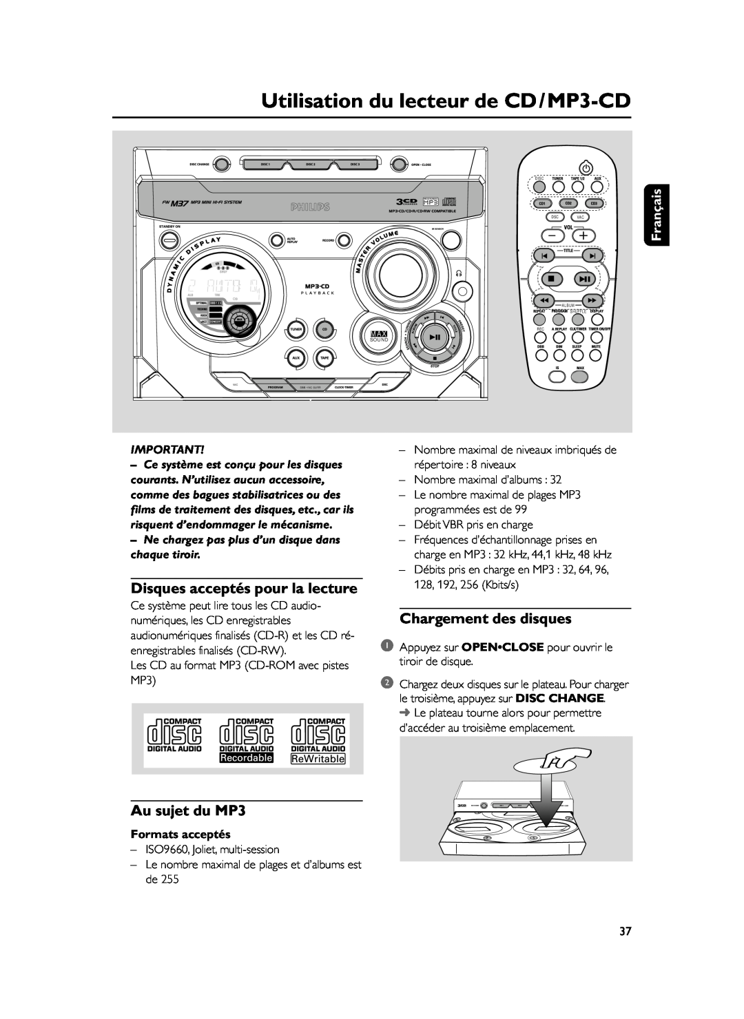 Philips FWM37 Utilisation du lecteur de CD/MP3-CD, Disques acceptés pour la lecture, Chargement des disques, Français 