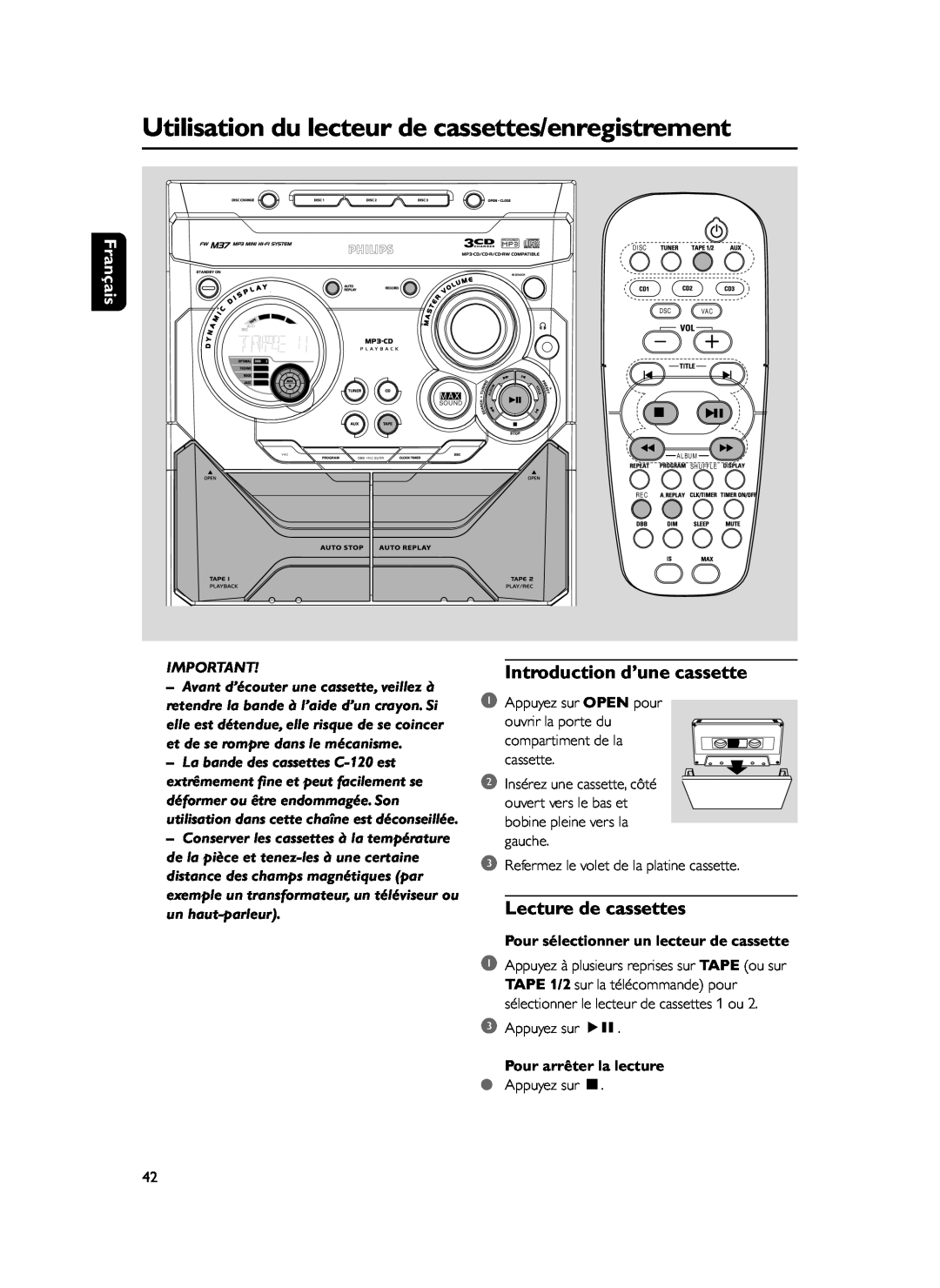 Philips FWM37 manual Introduction d’une cassette, Lecture de cassettes, Pour sélectionner un lecteur de cassette, Français 