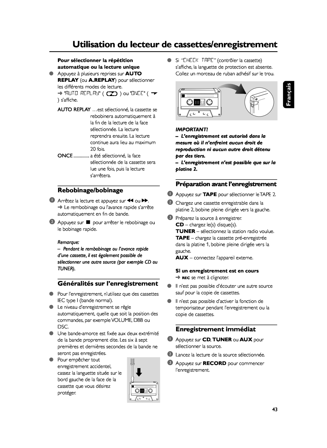 Philips FWM37 manual Rebobinage/bobinage, Généralités sur l’enregistrement, Préparation avant l’enregistrement, Français 