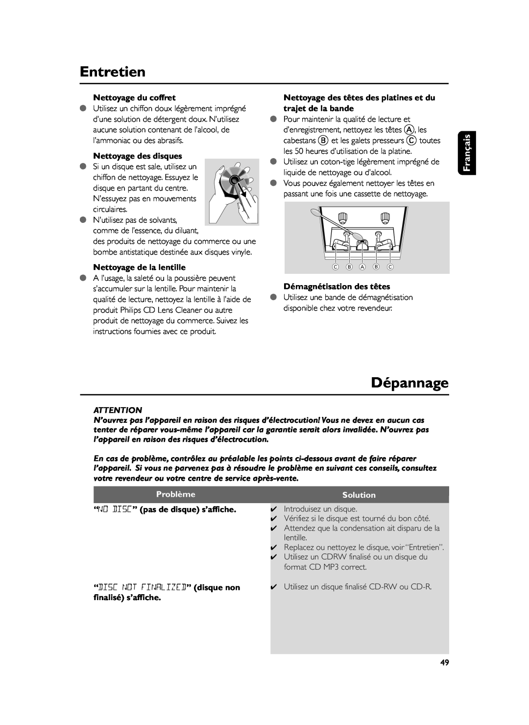 Philips FWM37 manual Entretien, Dépannage, Nettoyage du coffret, Nettoyage des disques, Nettoyage de la lentille, Problème 