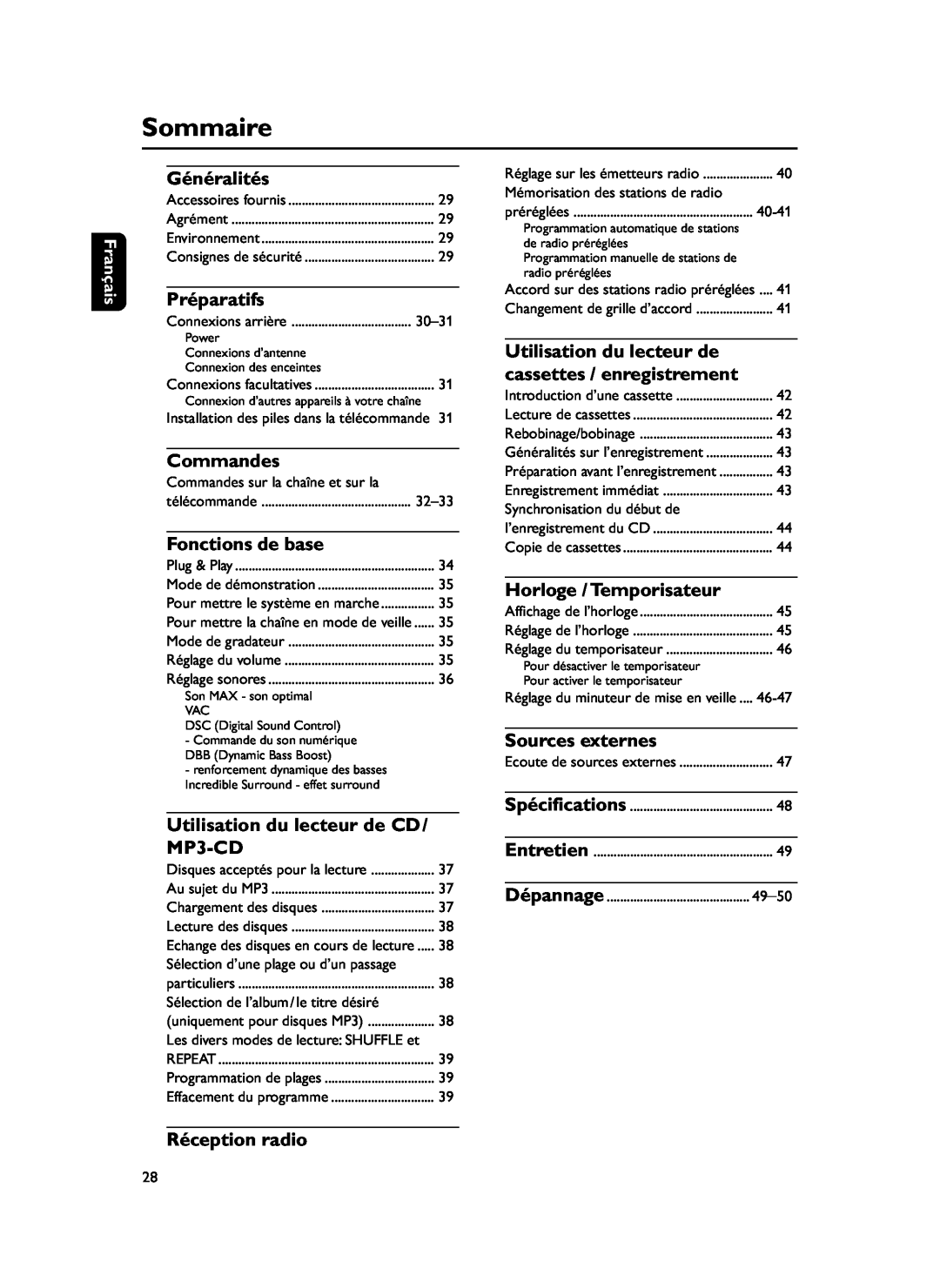 Philips FWM37 manual Sommaire, Généralités, Préparatifs, Commandes, Fonctions de base, Utilisation du lecteur de CD, MP3-CD 