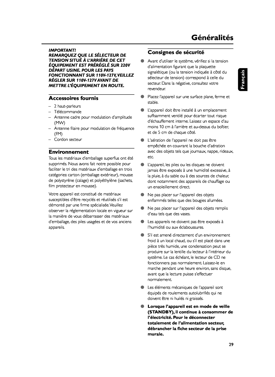Philips FWM37 manual Généralités, Accessoires fournis, Environnement, Consignes de sécurité, Français 