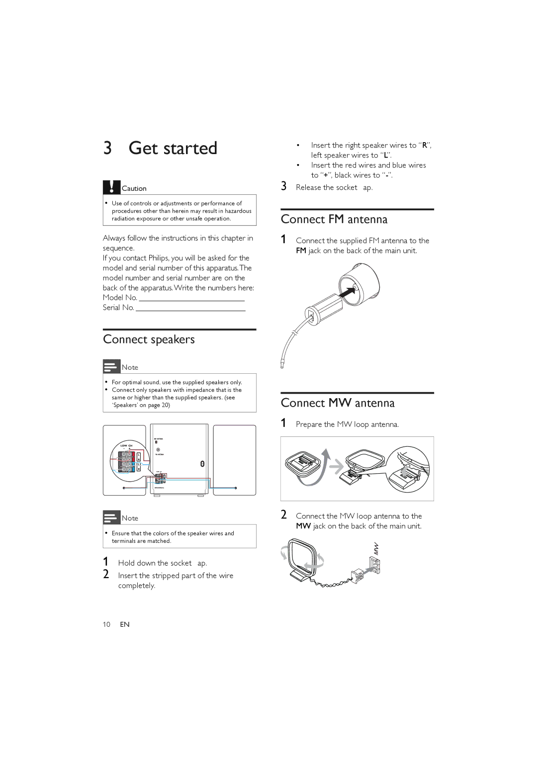 Philips FWM387/12 user manual Get started, Connect FM antenna, Connect speakers, Connect MW antenna 