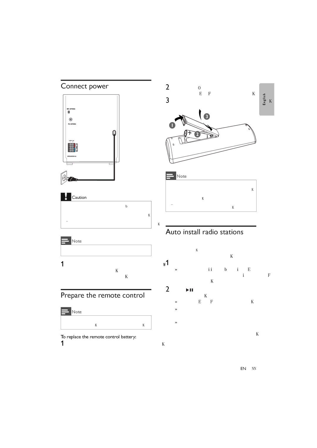 Philips FWM387/12 user manual Connect power, Prepare the remote control, Auto install radio stations 