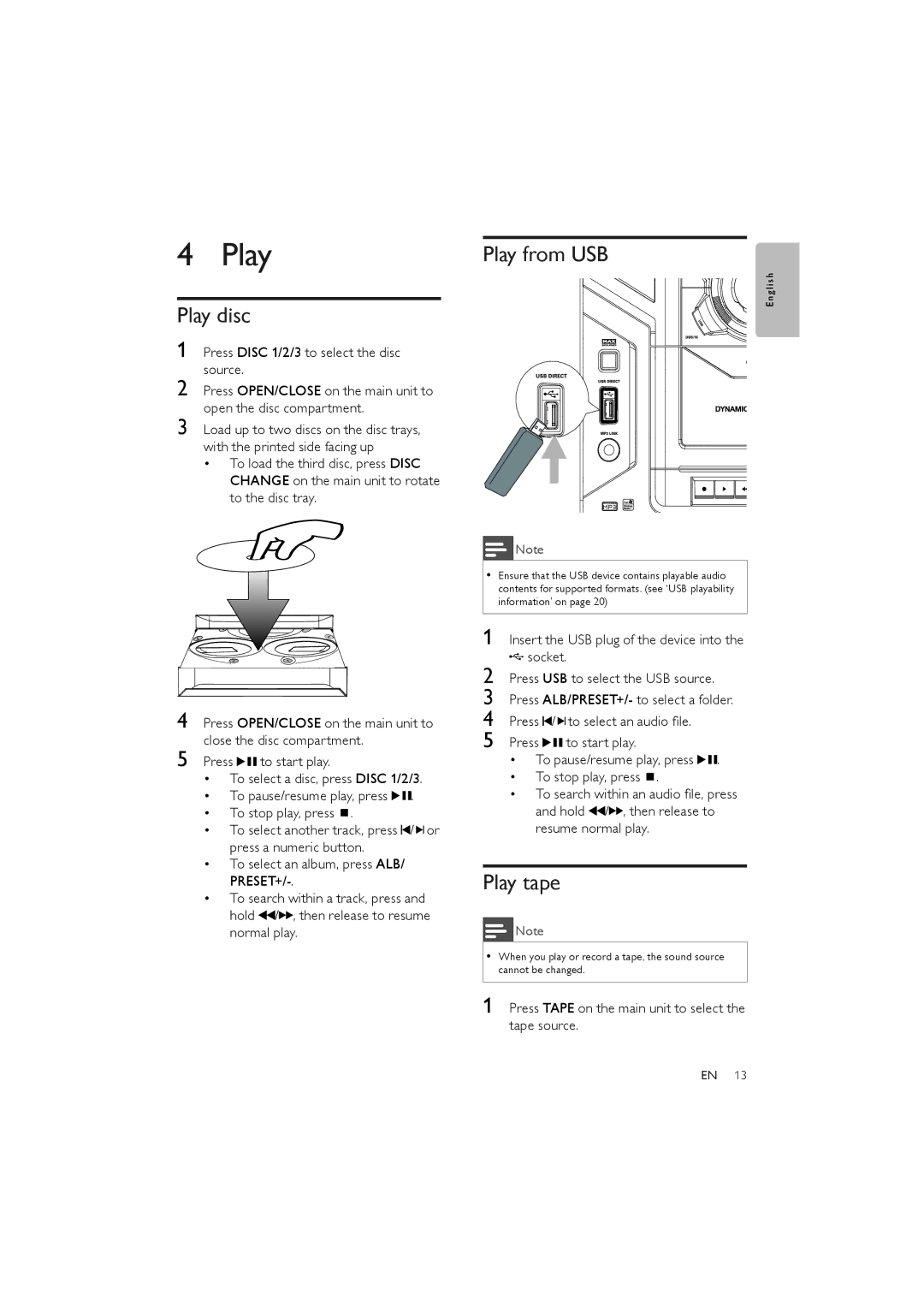 Philips FWM387/12 Play disc, Play from USB, Play tape, Press Tape on the main unit to select the tape source 