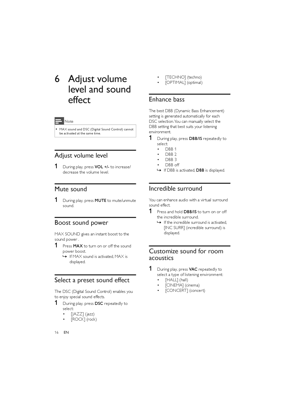 Philips FWM387/12 user manual Adjust volume level and sound effect 