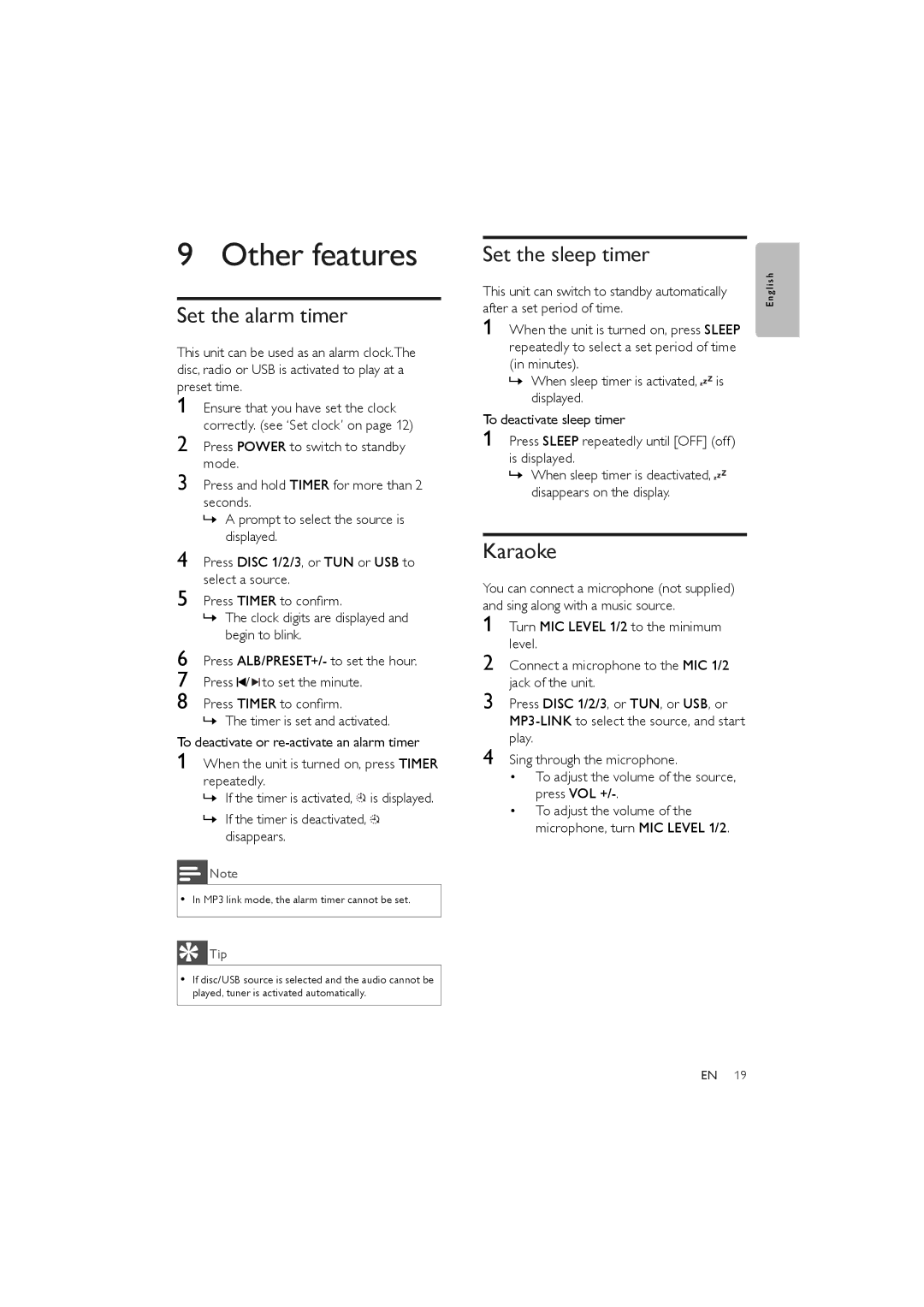 Philips FWM387/12 user manual Other features, Set the alarm timer, Set the sleep timer, Karaoke 