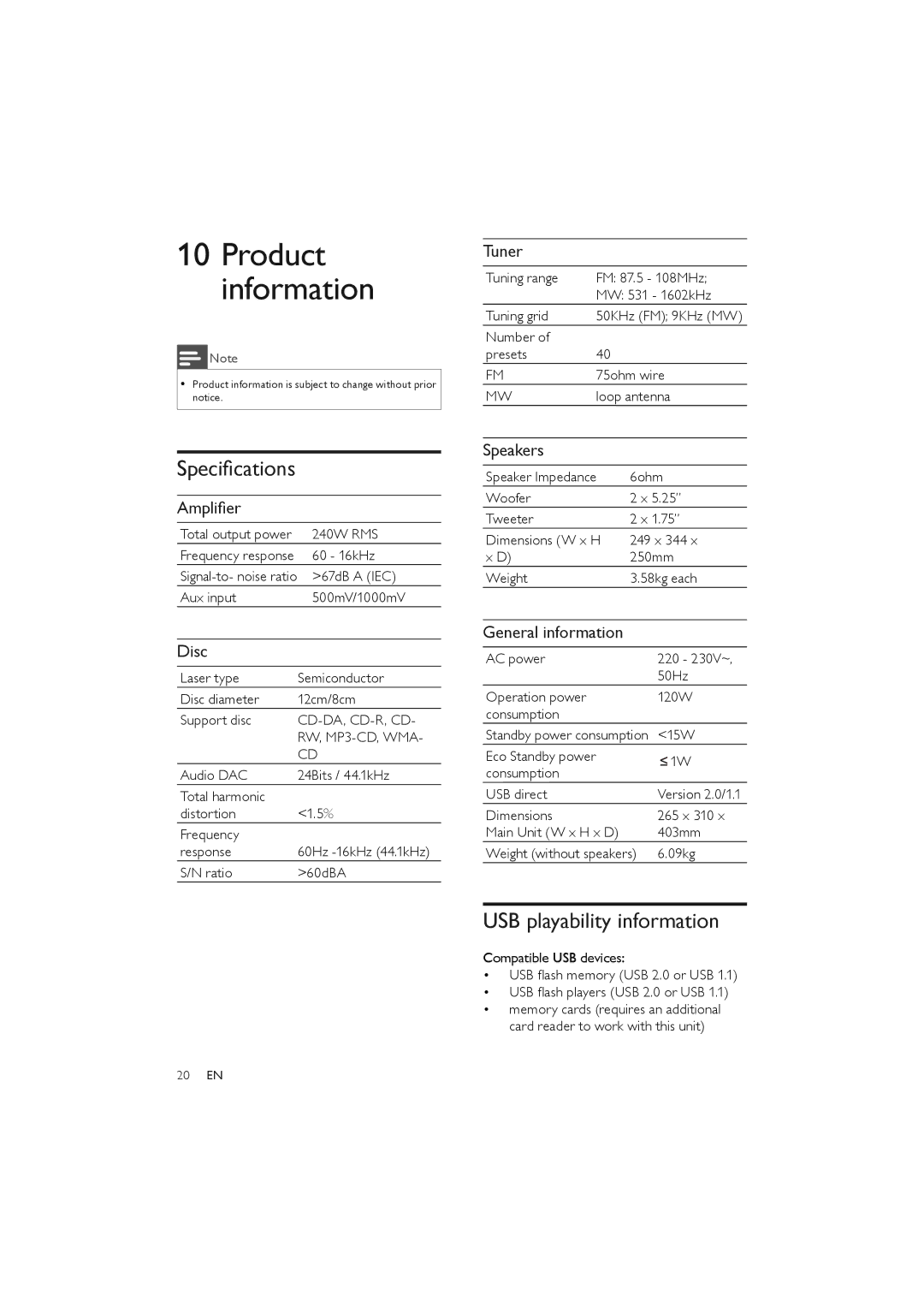 Philips FWM387/12 user manual Speciﬁcations, USB playability information 