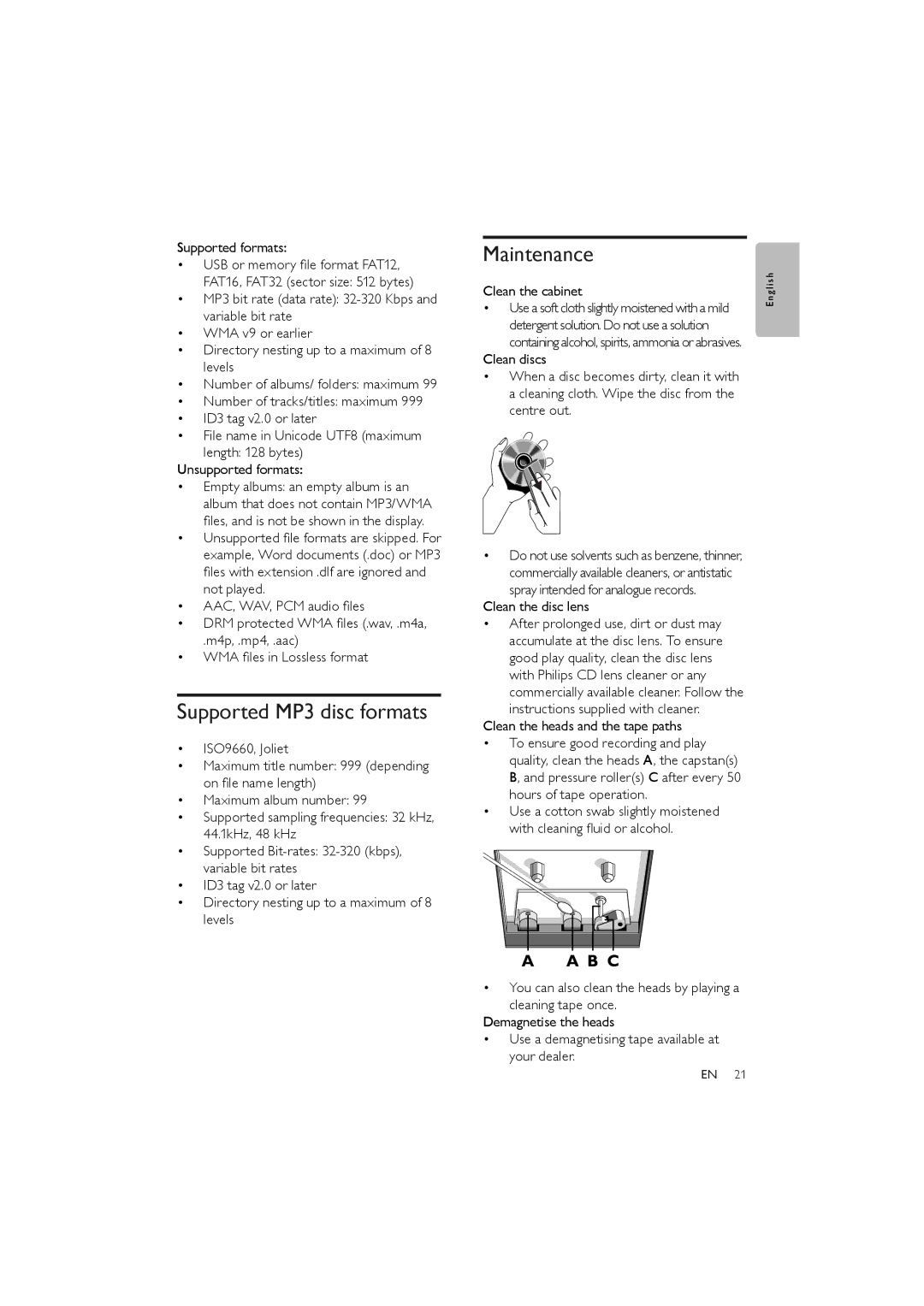 Philips FWM387/12 user manual Supported MP3 disc formats, Maintenance 