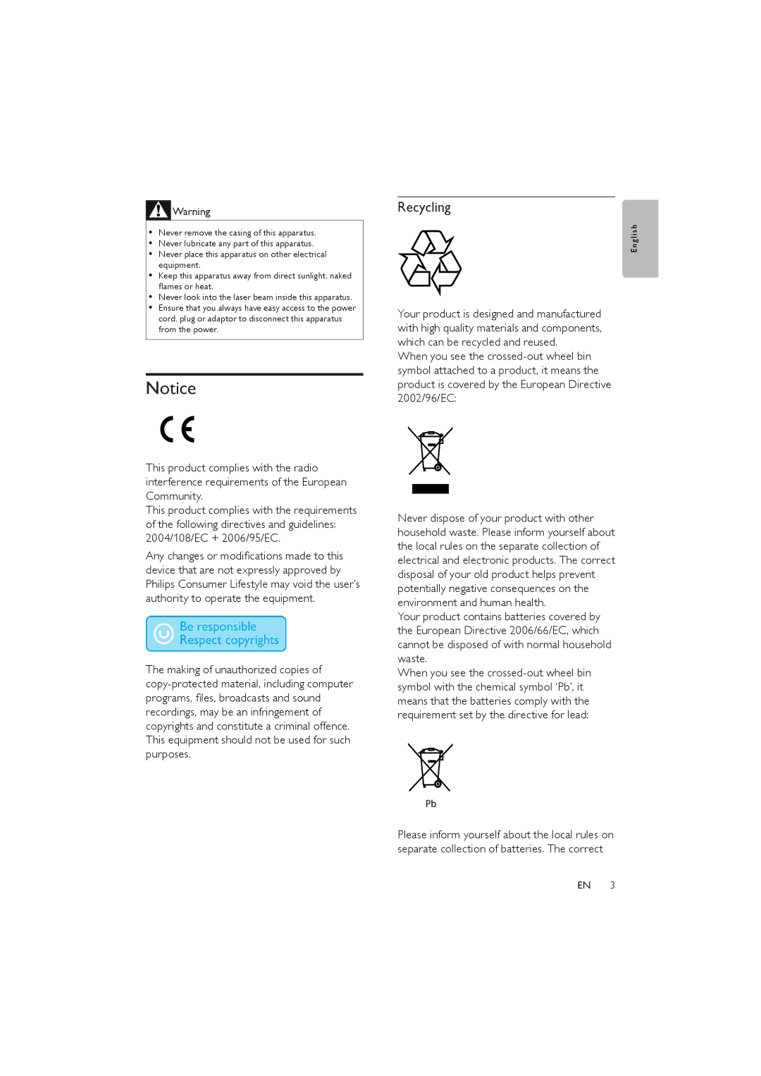 Philips FWM387/12 user manual Recycling 