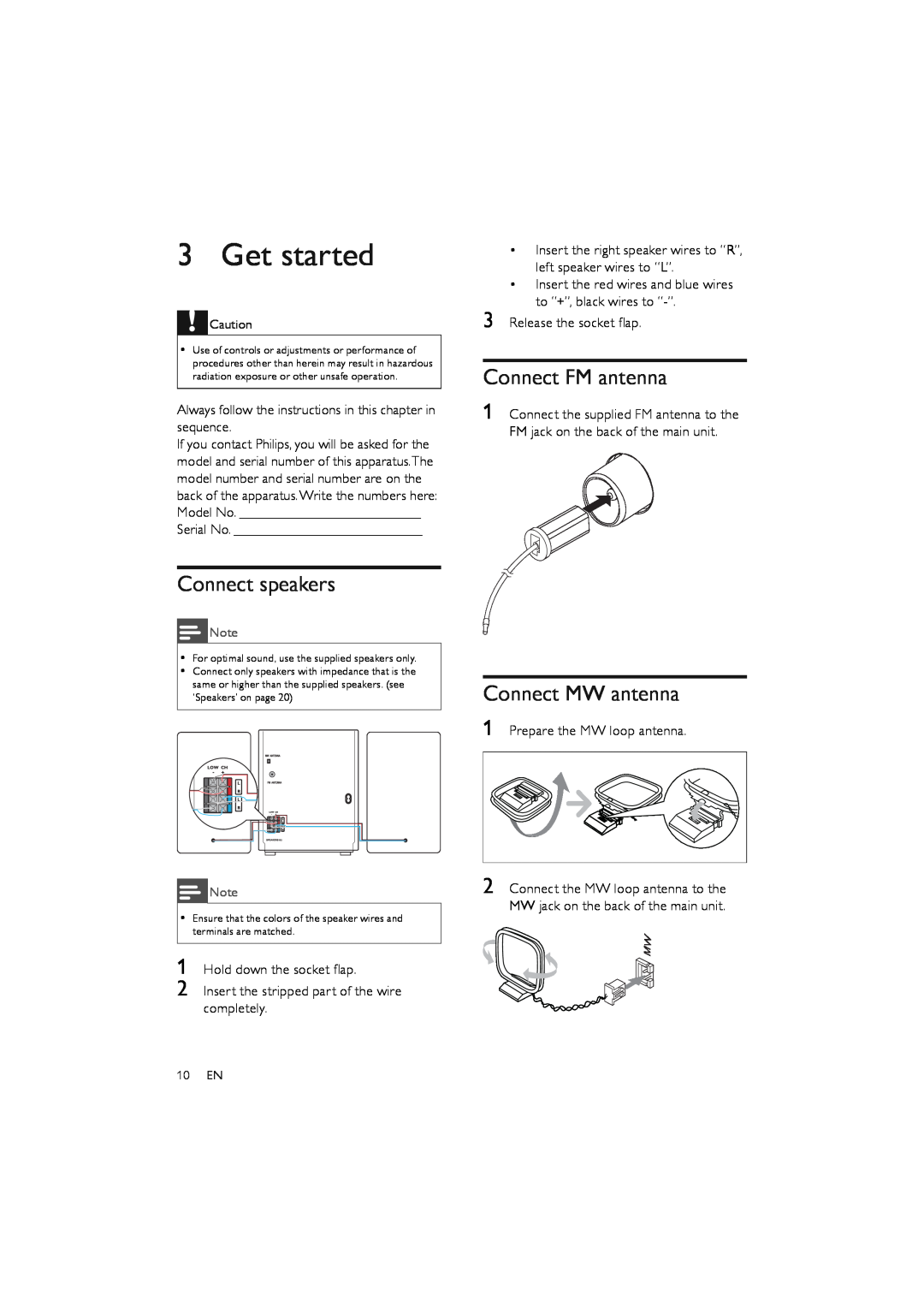 Philips FWM387/12 user manual Get started, Connect FM antenna, Connect speakers, Connect MW antenna, 10 EN 