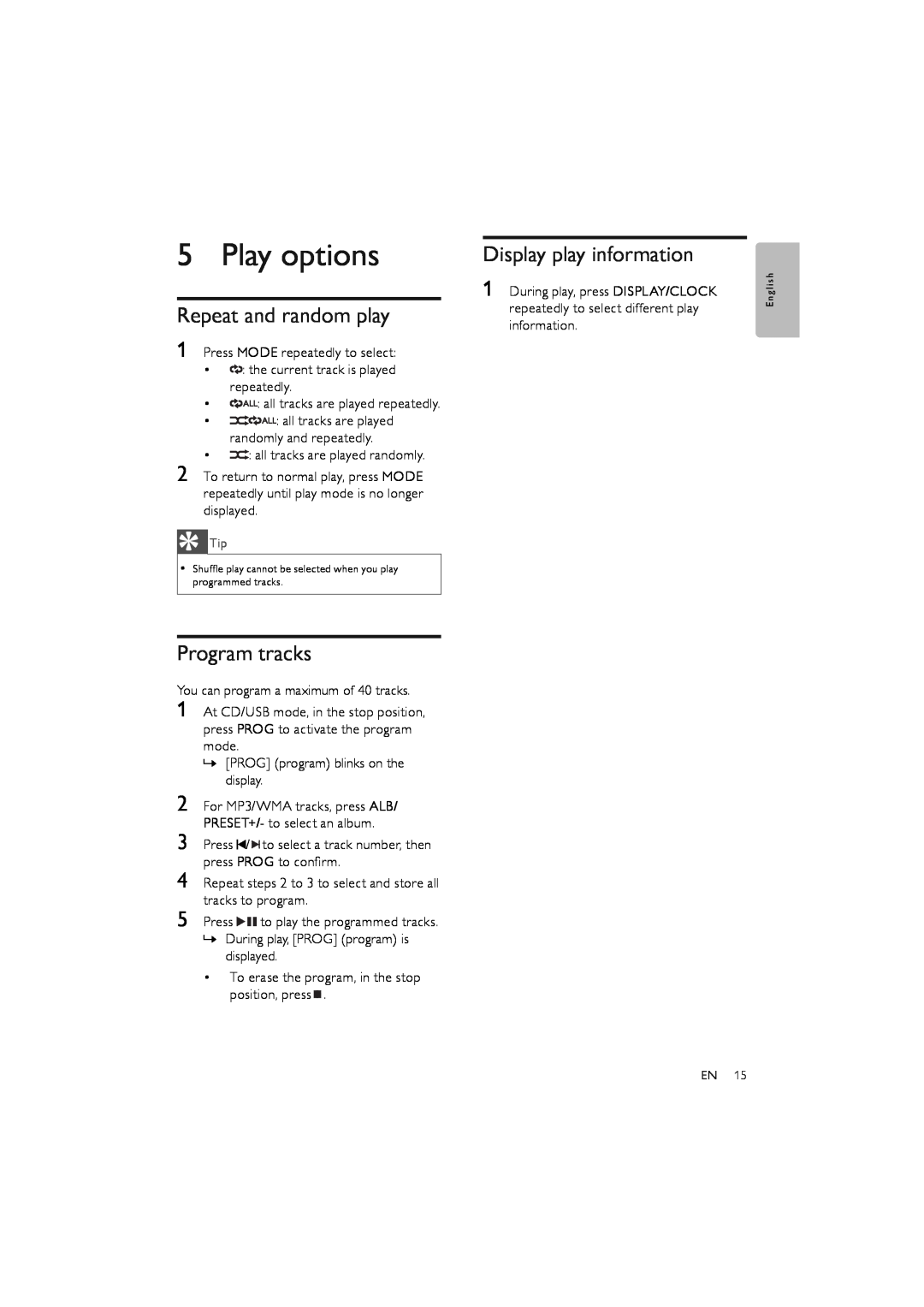 Philips FWM387/12 user manual Play options, Repeat and random play, Program tracks, Display play information 