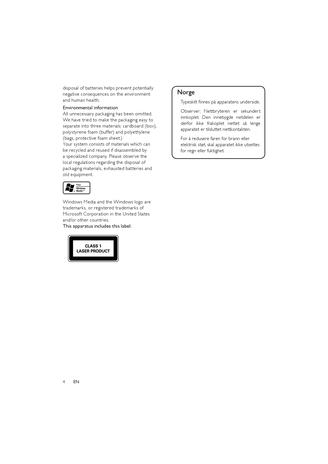 Philips FWM387/12 user manual Norge, Environmental information, This apparatus includes this label, 4 EN 