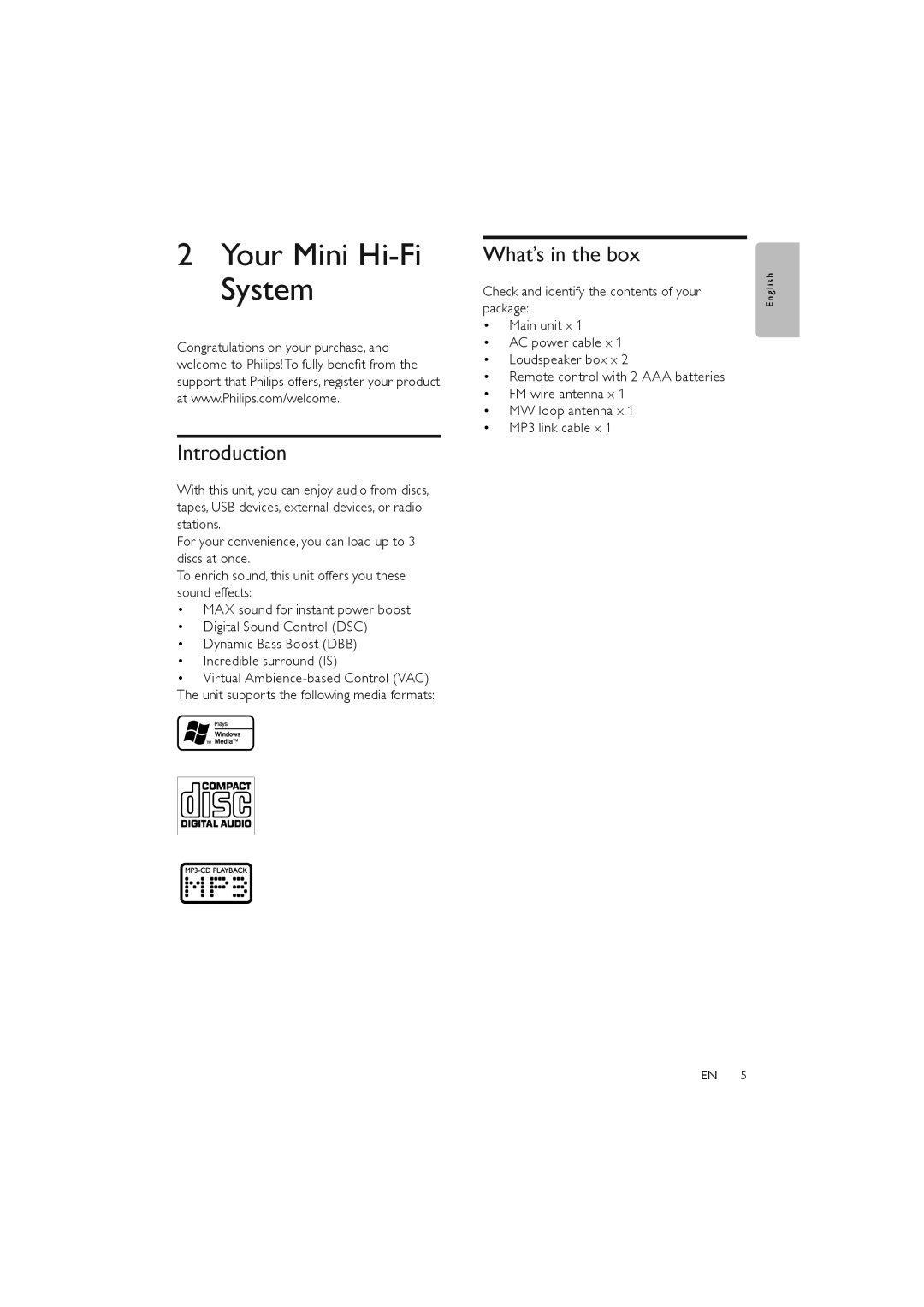 Philips FWM387/12 user manual Your Mini Hi-Fi System, Introduction, What’s in the box 