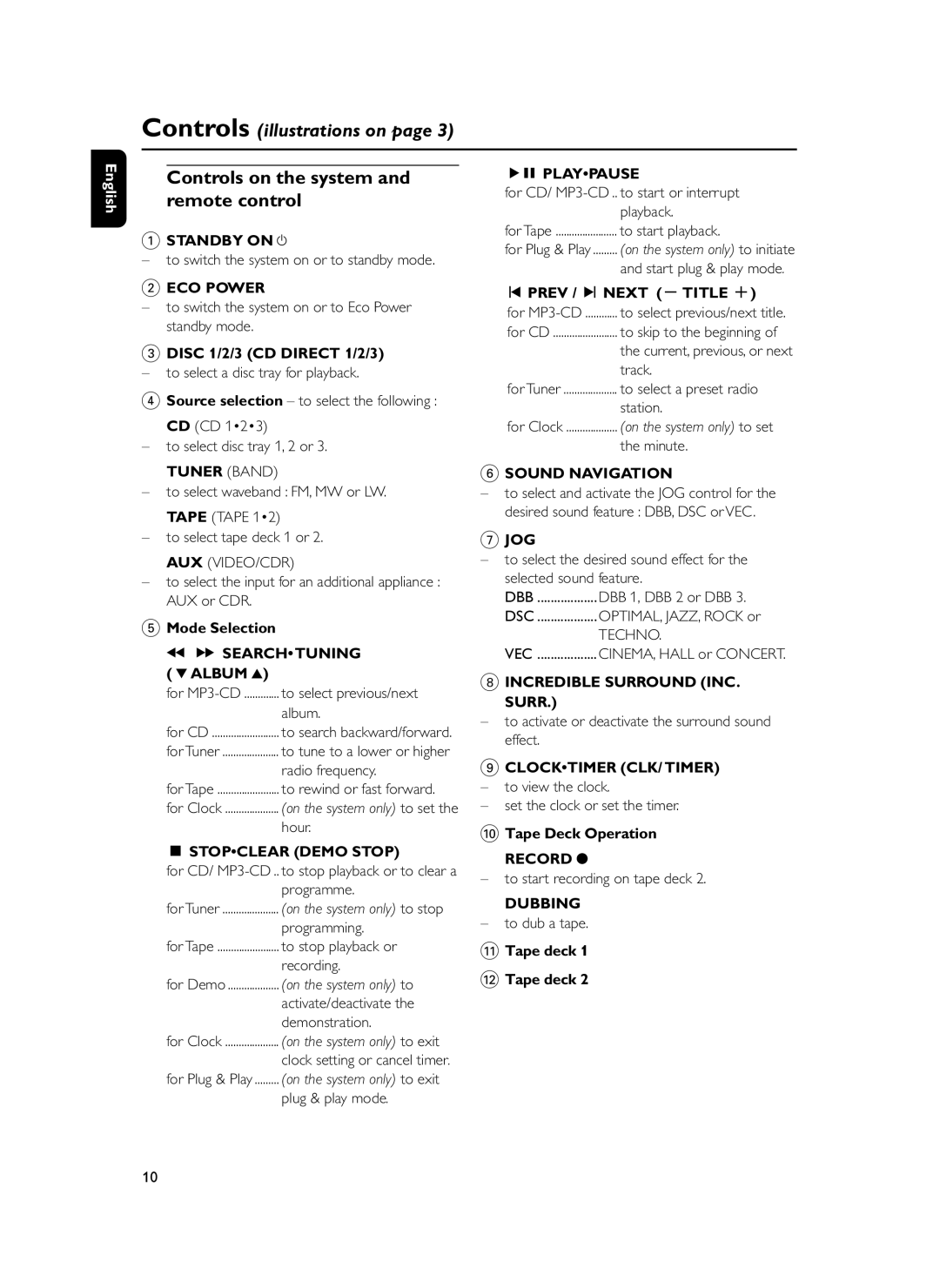 Philips FWM399 manual Controls on the system and remote control 