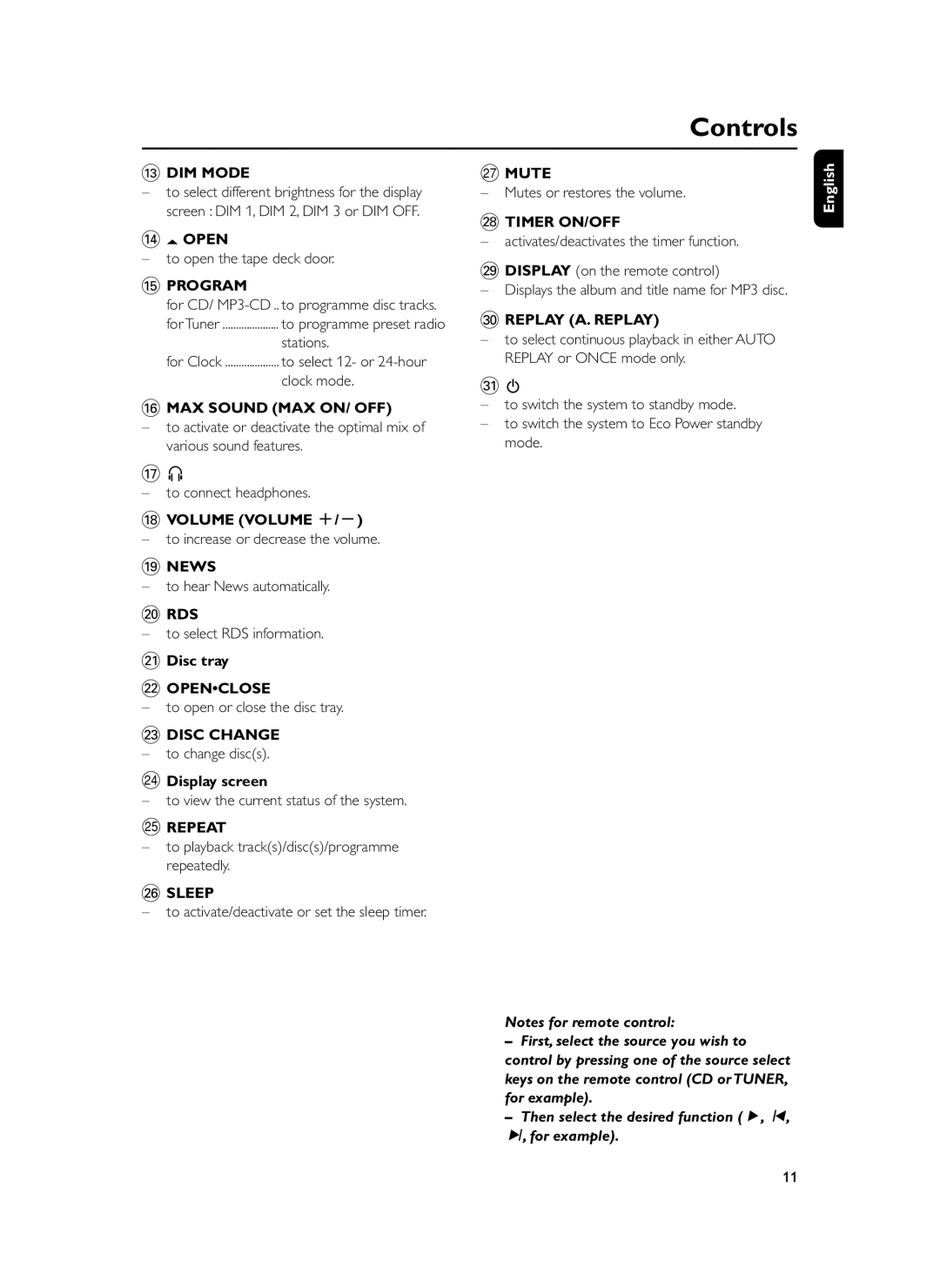 Philips FWM399 manual Controls 