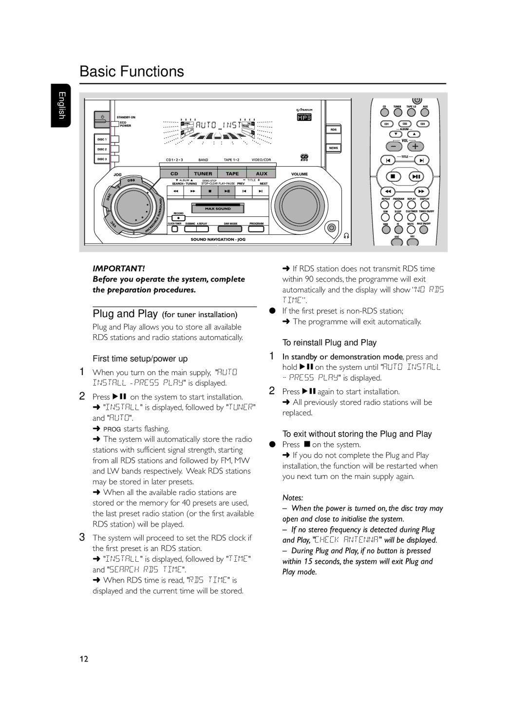 Philips FWM399 manual Basic Functions, First time setup/power up, To reinstall Plug and Play, Press Çon the system 