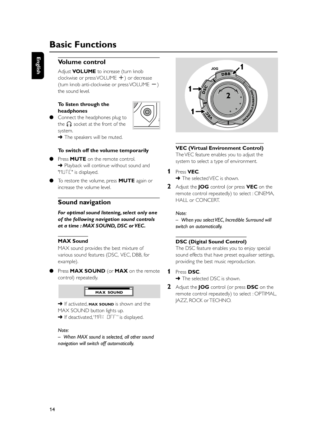 Philips FWM399 manual Volume control, Sound navigation 