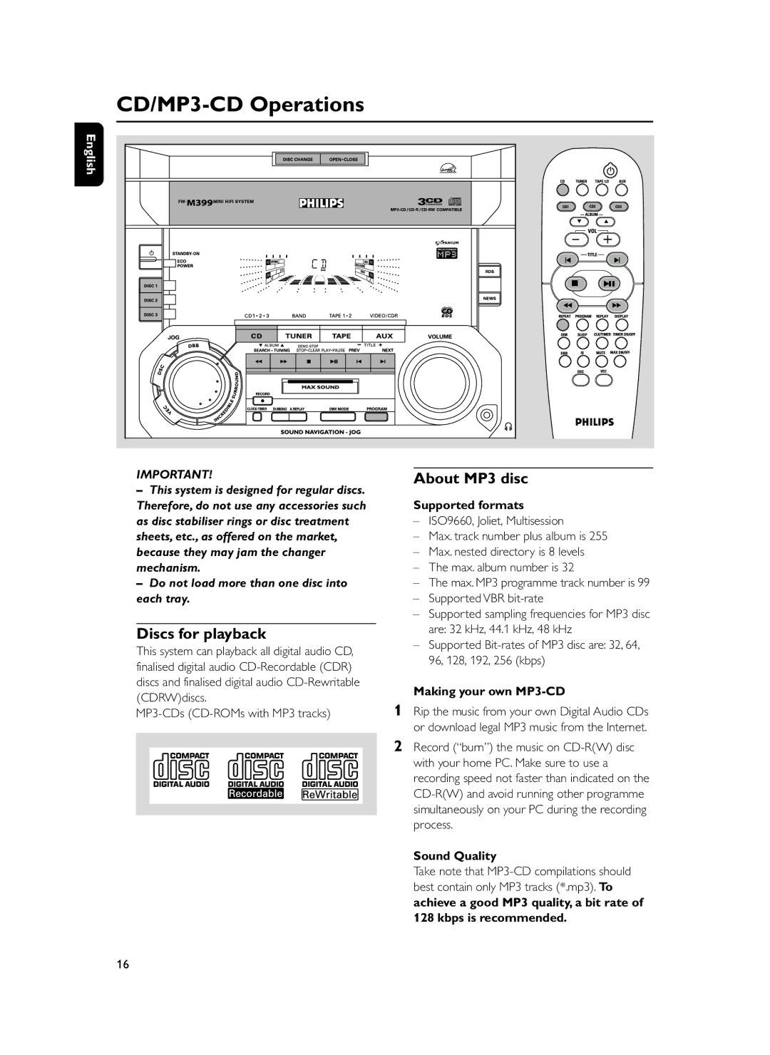 Philips FWM399 manual CD/MP3-CD Operations, Discs for playback, About MP3 disc 