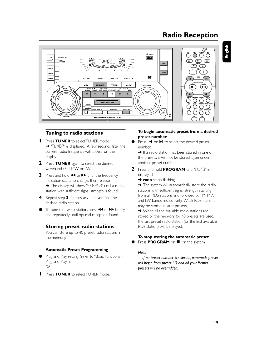 Philips FWM399 manual Radio Reception, Tuning to radio stations, Storing preset radio stations, Preset number 