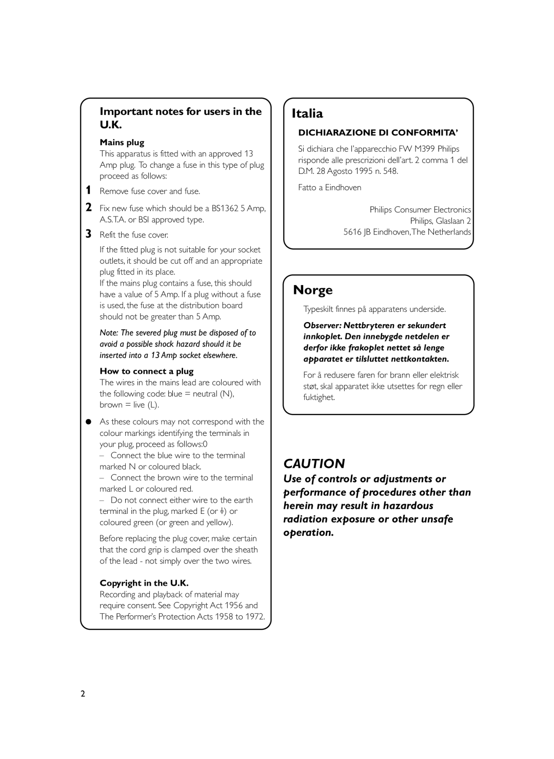 Philips FWM399 manual Important notes for users in the U.K, Mains plug, How to connect a plug, Copyright in the U.K 