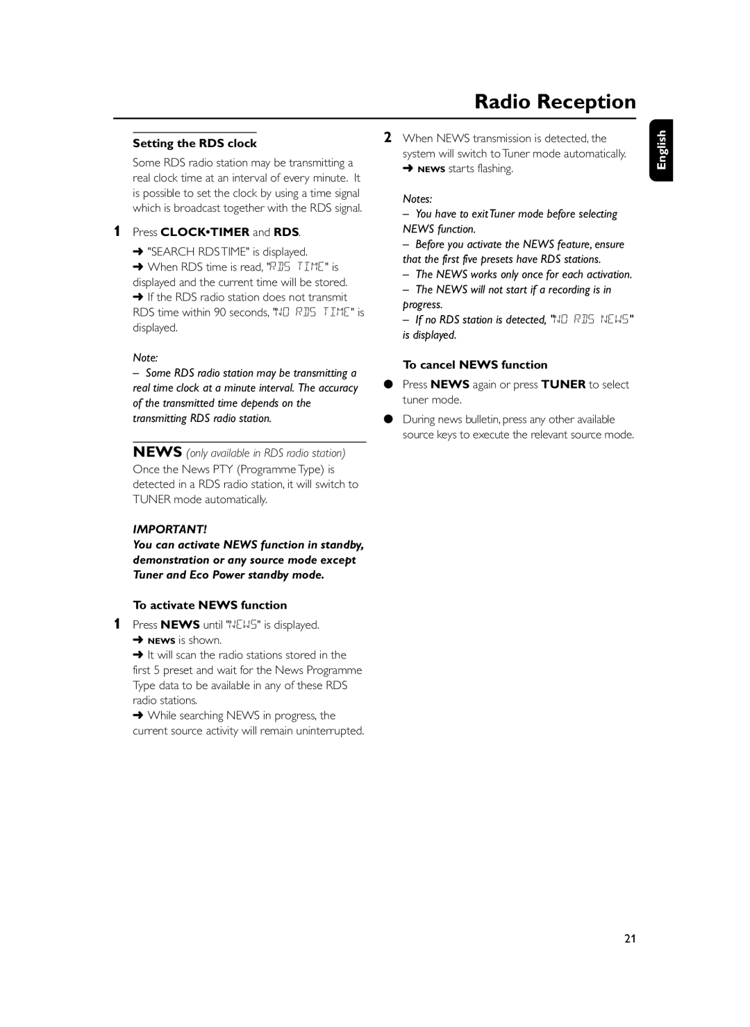 Philips FWM399 manual Setting the RDS clock, Press Clocktimer and RDS, To cancel News function, To activate News function 