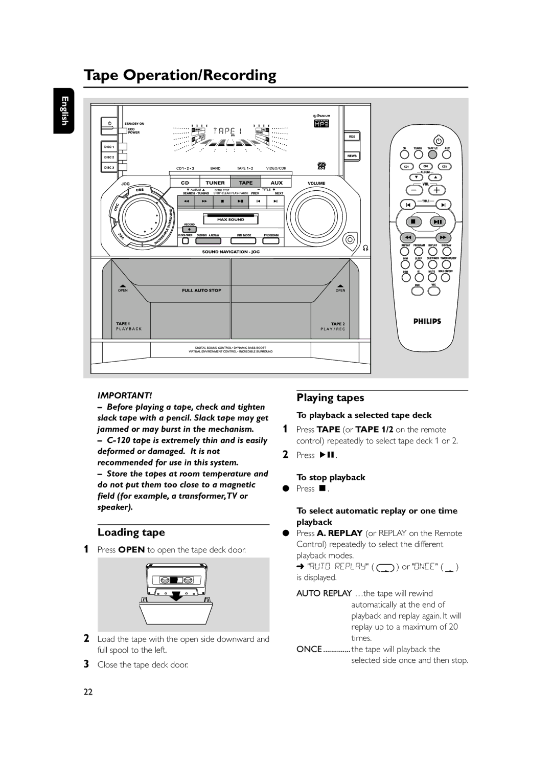 Philips FWM399 manual Tape Operation/Recording, Loading tape, Playing tapes, To playback a selected tape deck 