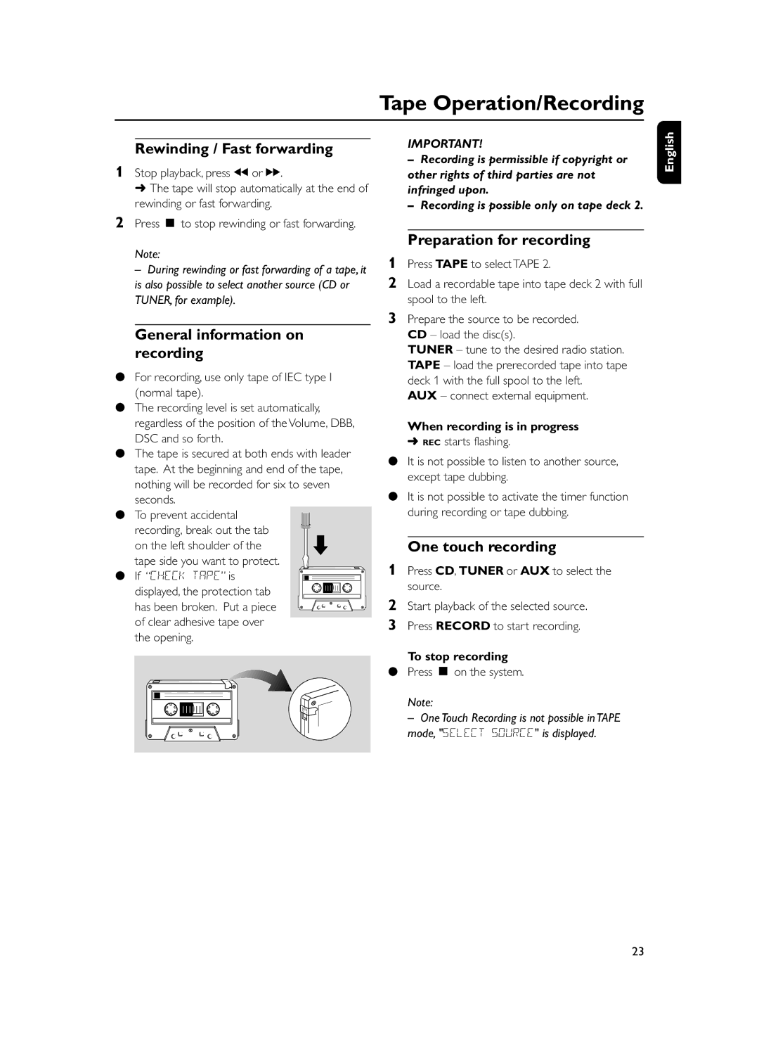 Philips FWM399 manual Rewinding / Fast forwarding, General information on recording, Preparation for recording 