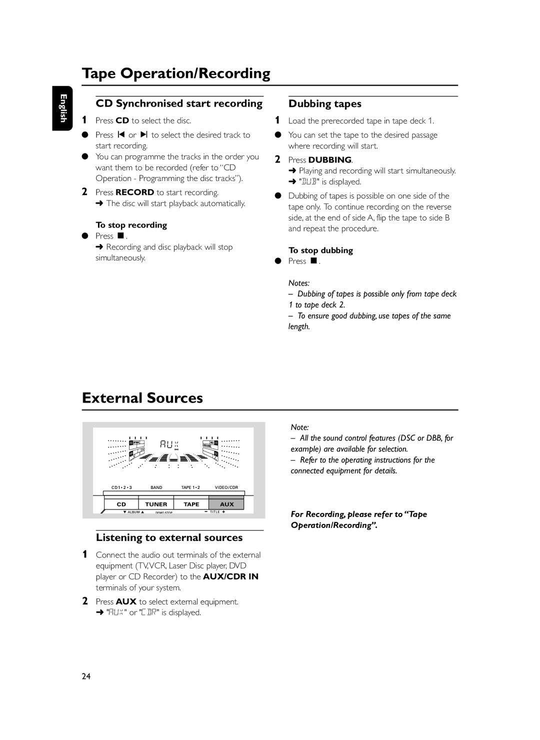 Philips FWM399 manual External Sources, CD Synchronised start recording, Dubbing tapes, Listening to external sources 