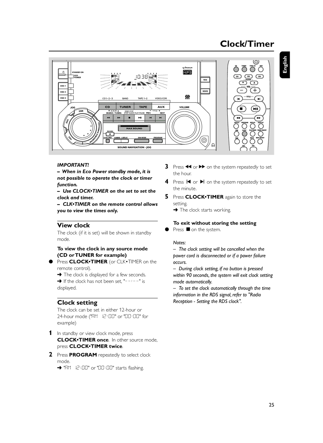 Philips FWM399 manual View clock, Clock setting, Clock if it is set will be shown in standby mode 