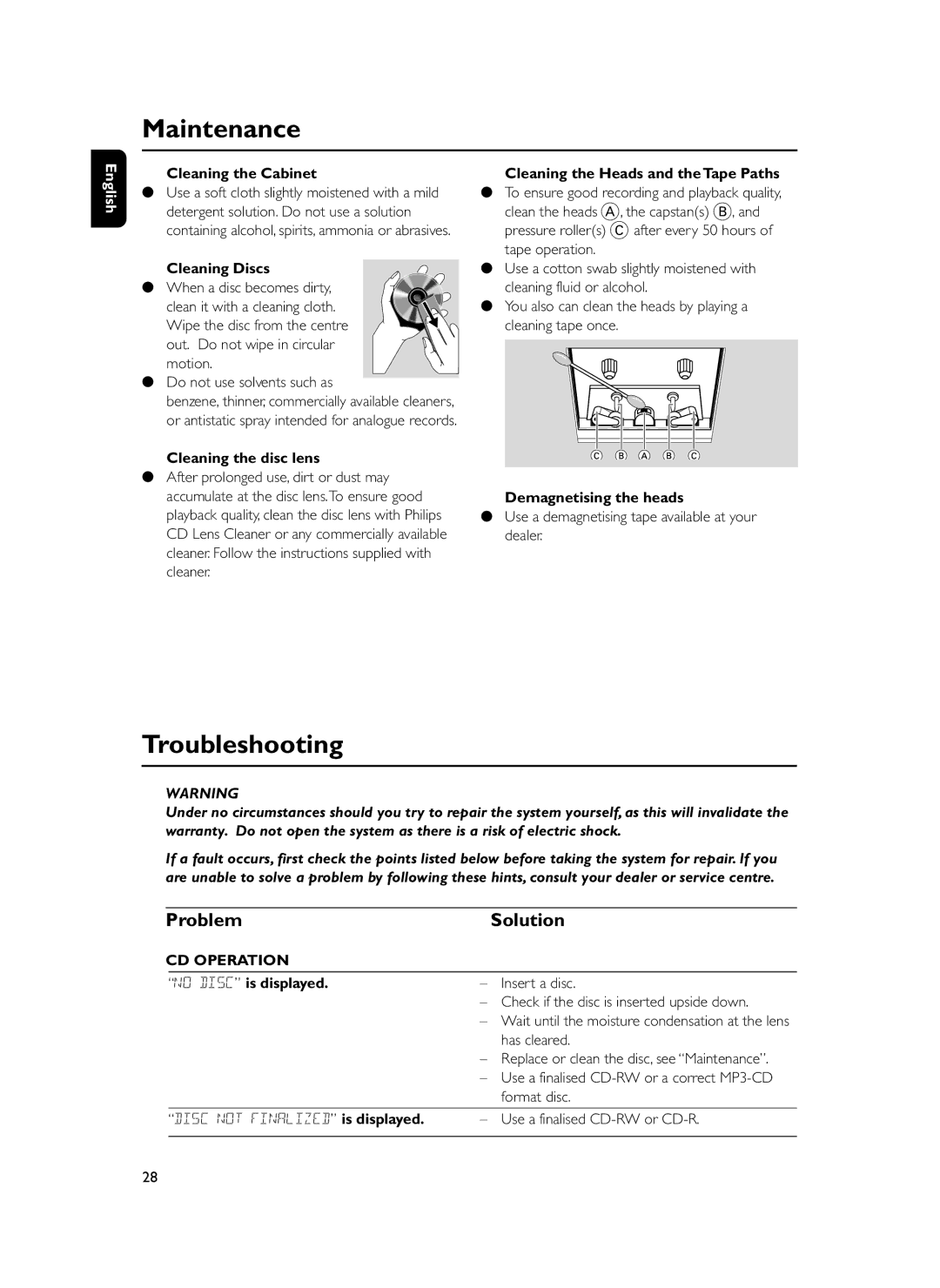 Philips FWM399 manual Maintenance, Troubleshooting, Problem Solution, CD Operation 