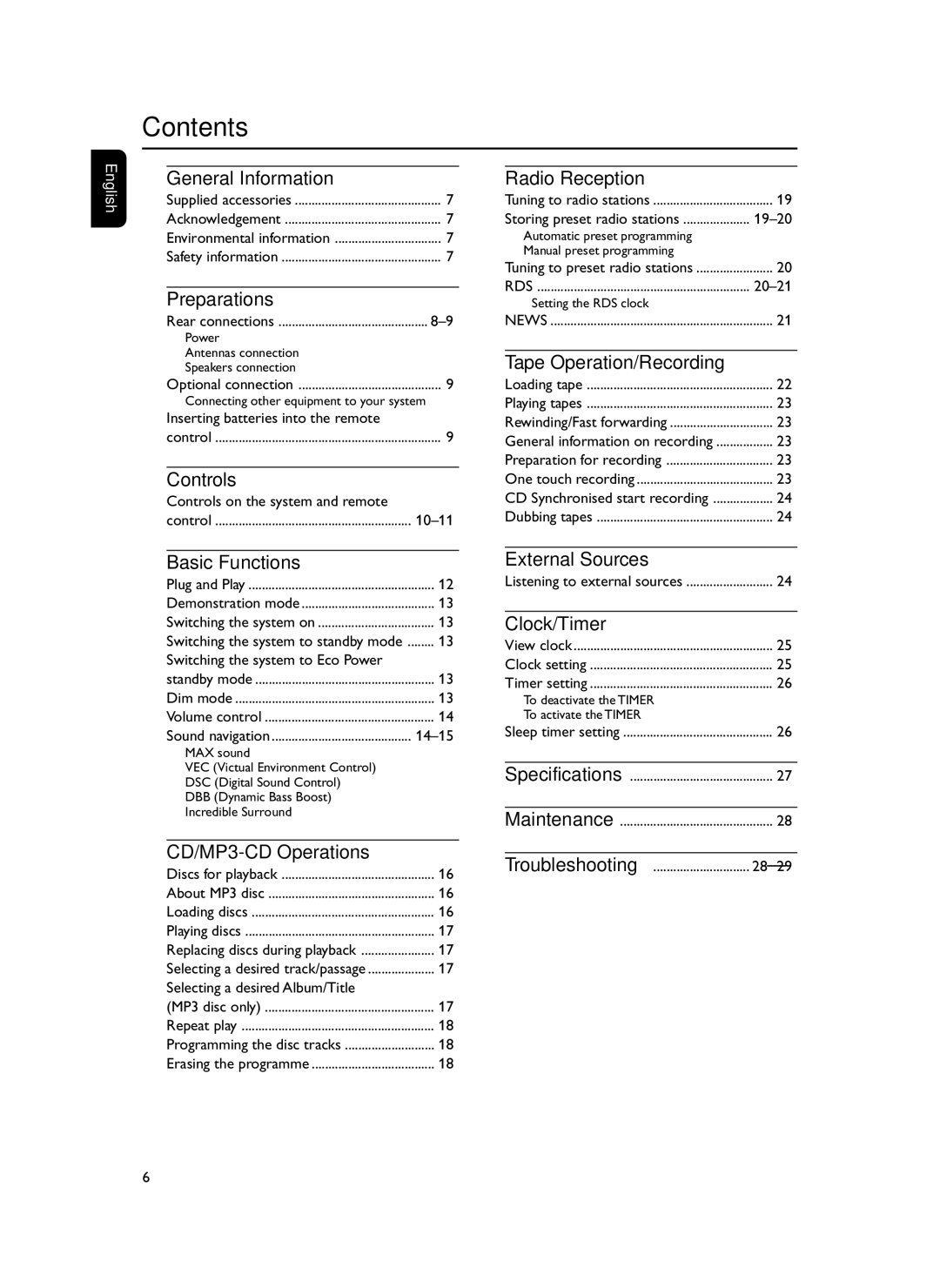 Philips FWM399 manual Contents 