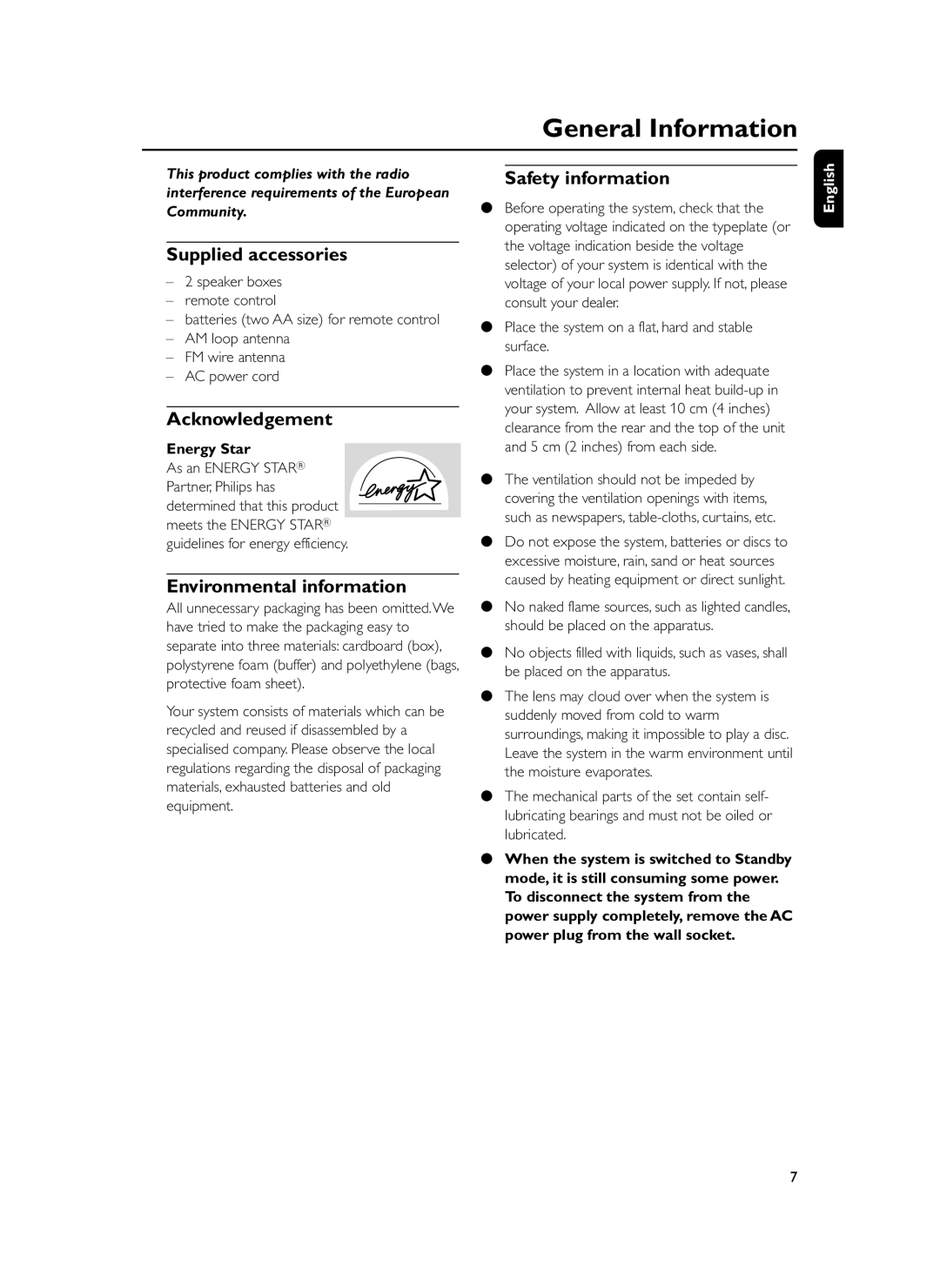 Philips FWM399 General Information, Supplied accessories, Acknowledgement, Environmental information, Safety information 