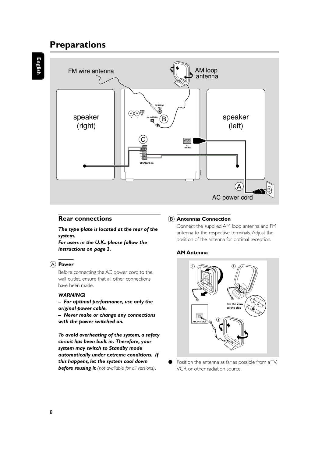 Philips FWM399 manual Preparations, Rear connections, Antennas Connection, Power, AM Antenna 