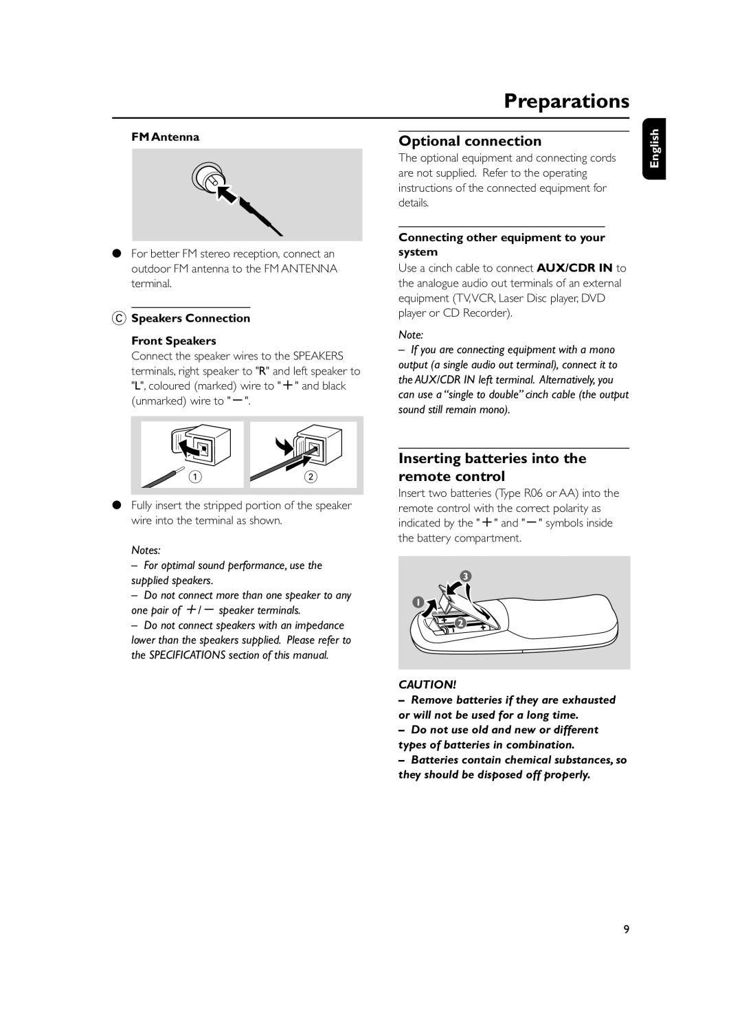 Philips FWM399 manual Optional connection, Inserting batteries into the remote control, FM Antenna 