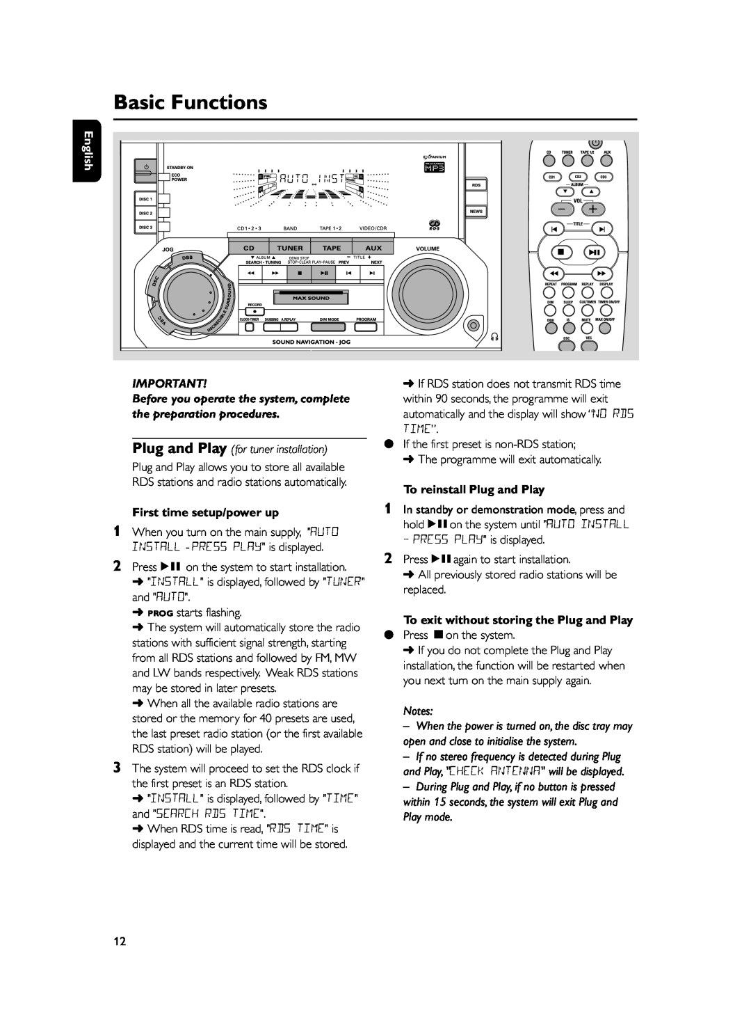 Philips FWM399 manual Basic Functions, First time setup/power up, To reinstall Plug and Play 