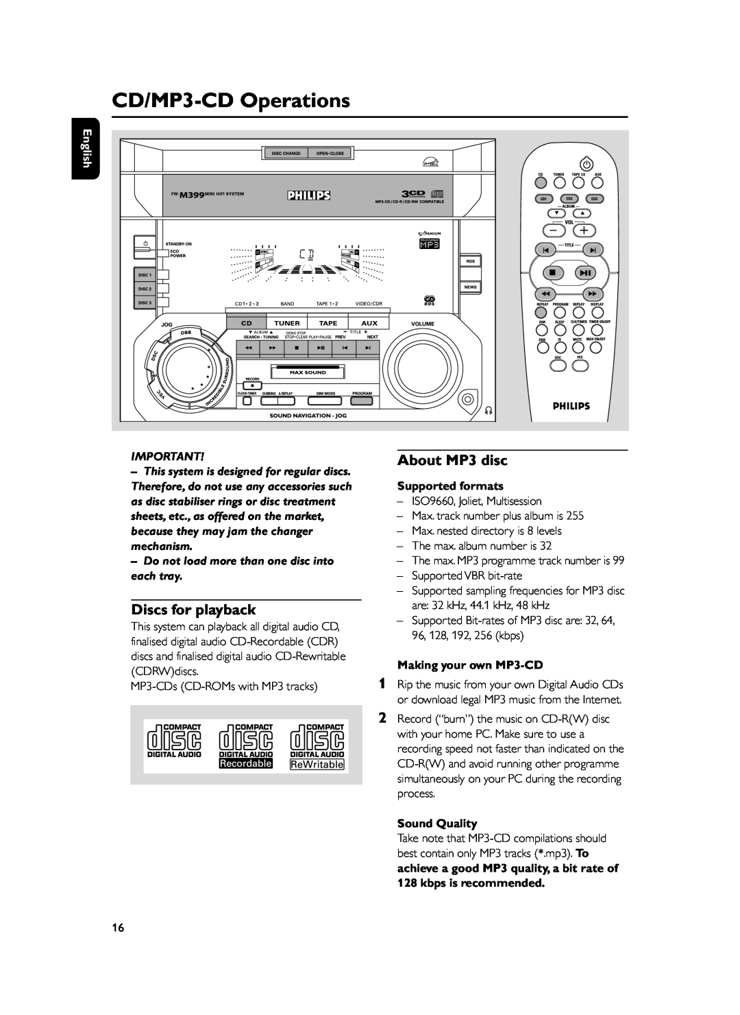 Philips FWM399 manual CD/MP3-CDOperations, Discs for playback, About MP3 disc, Supported formats, Making your own MP3-CD 