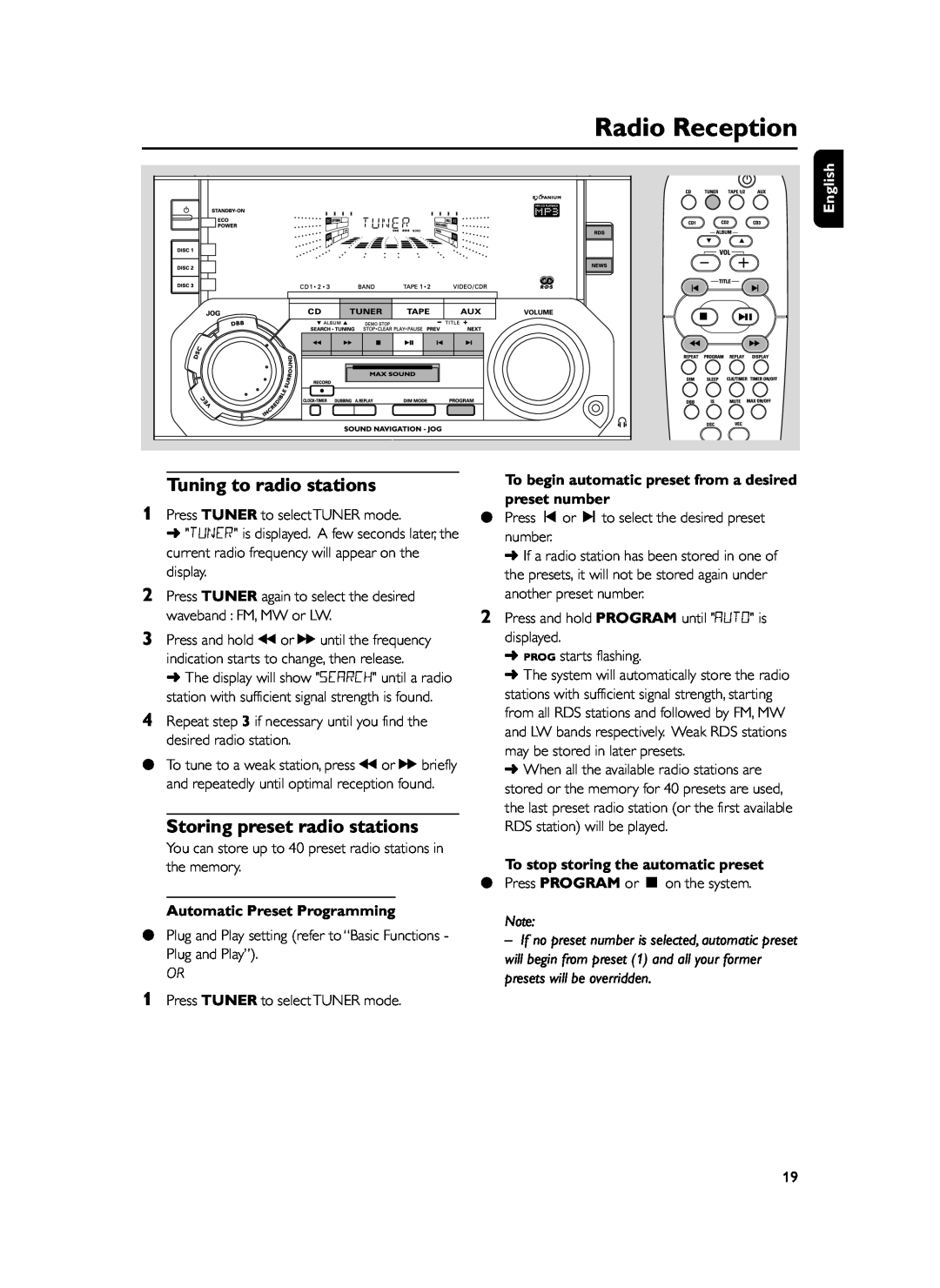 Philips FWM399 manual Radio Reception, Tuning to radio stations, Storing preset radio stations, preset number, English 